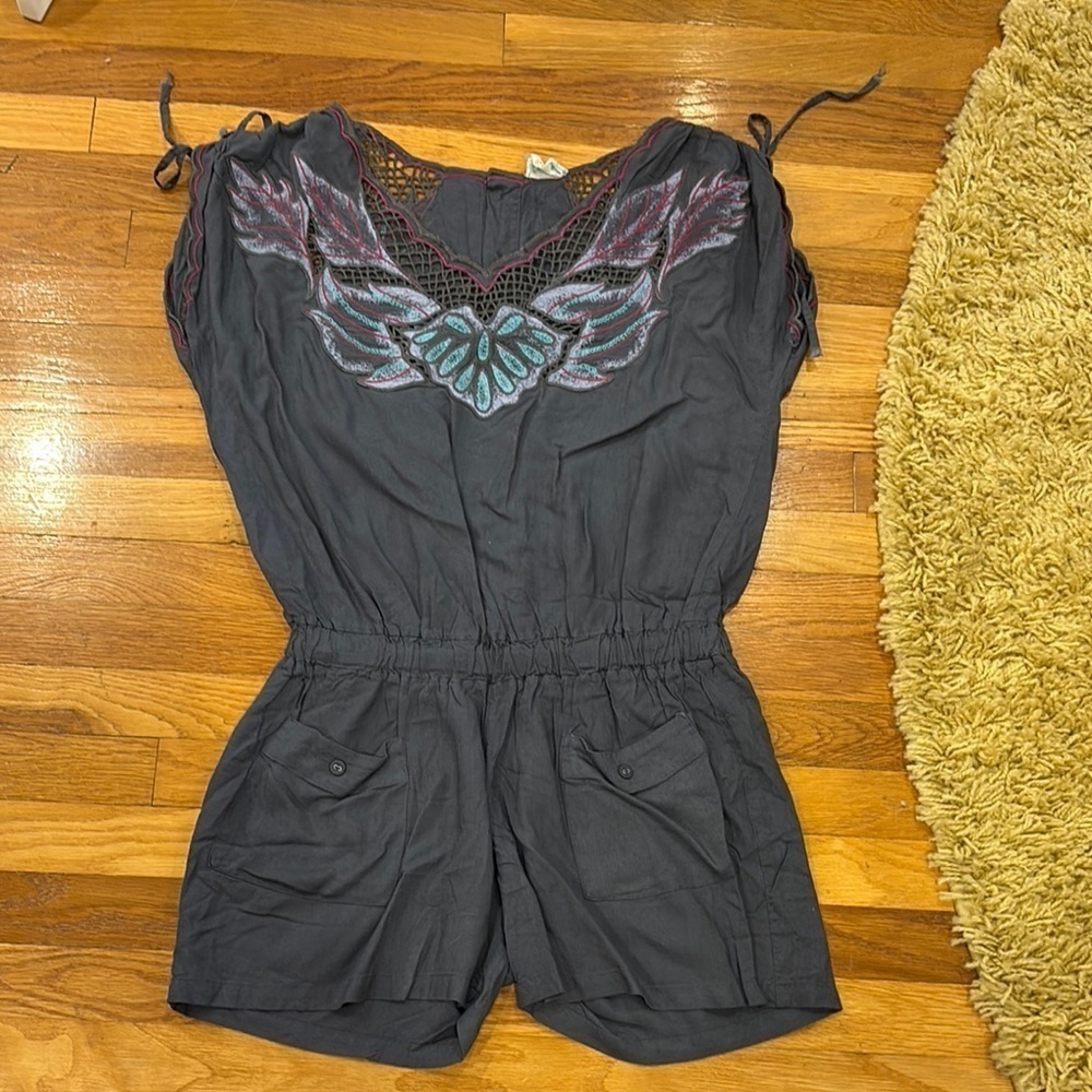 Sweet by Miss Me Embroidered Gray Romper with front pockets.  Size S